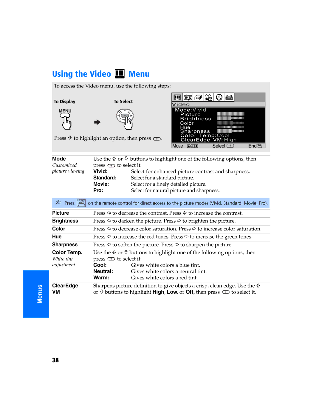 Sony KV 27FS320 manual Using the Video Menu 