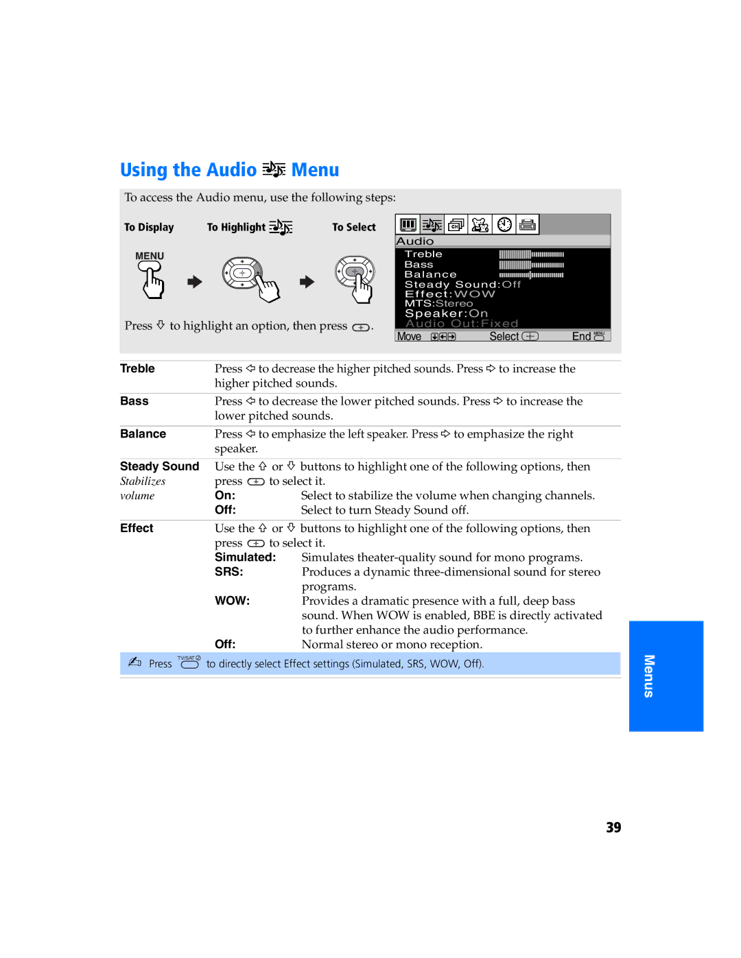 Sony KV 27FS320 manual Using the Audio Menu 