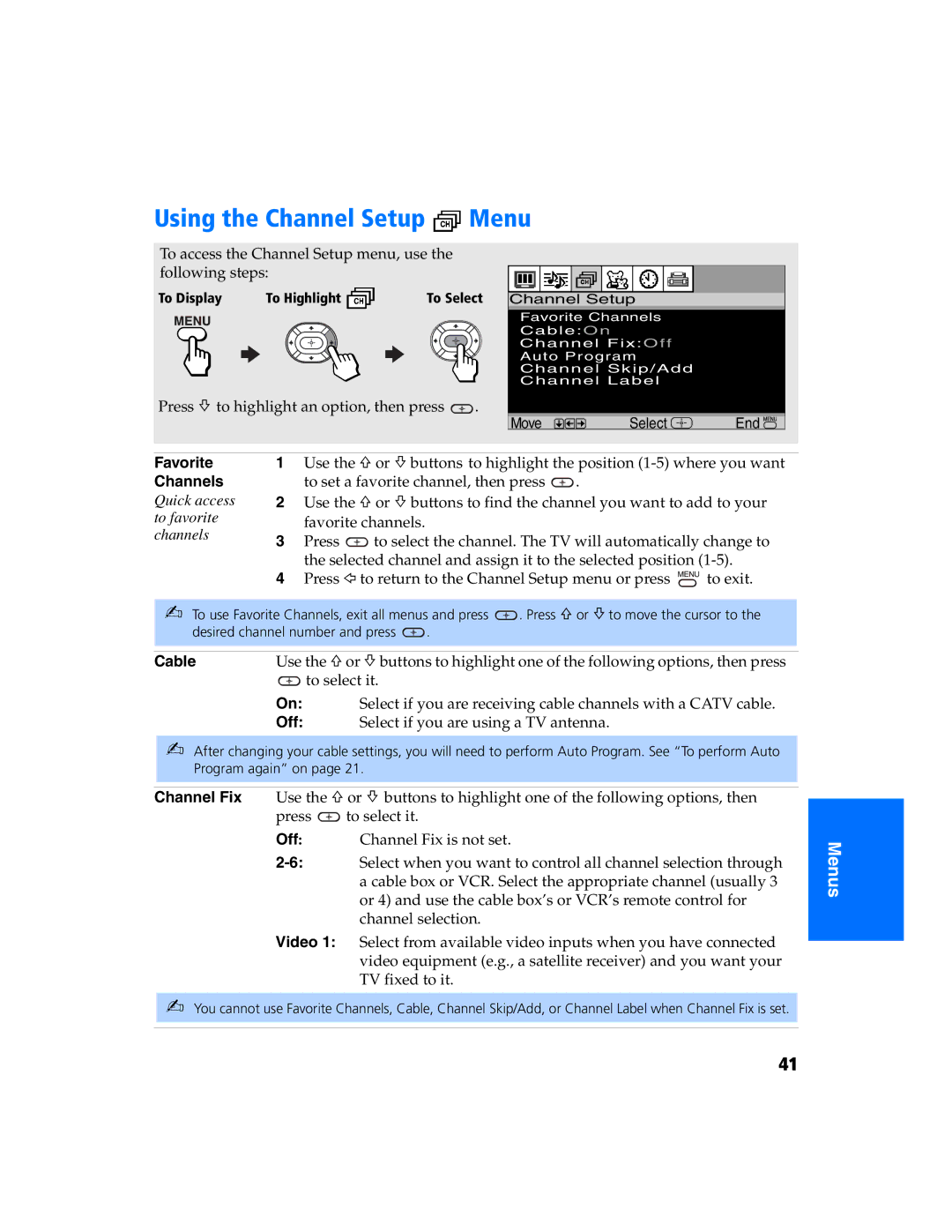 Sony KV 27FS320 manual Using the Channel Setup Menu, Favorite Channels, Cable 