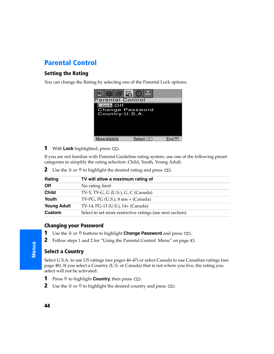 Sony KV 27FS320 manual Parental Control, Setting the Rating, Changing your Password, Select a Country 