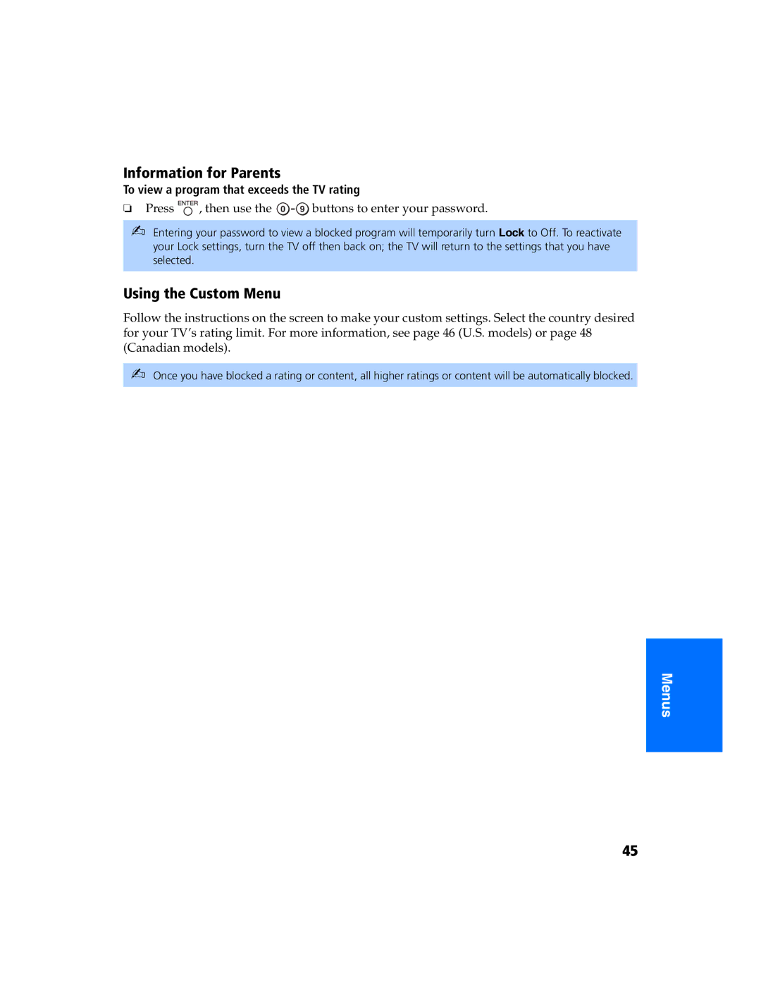 Sony KV 27FS320 manual Information for Parents, Using the Custom Menu, To view a program that exceeds the TV rating 