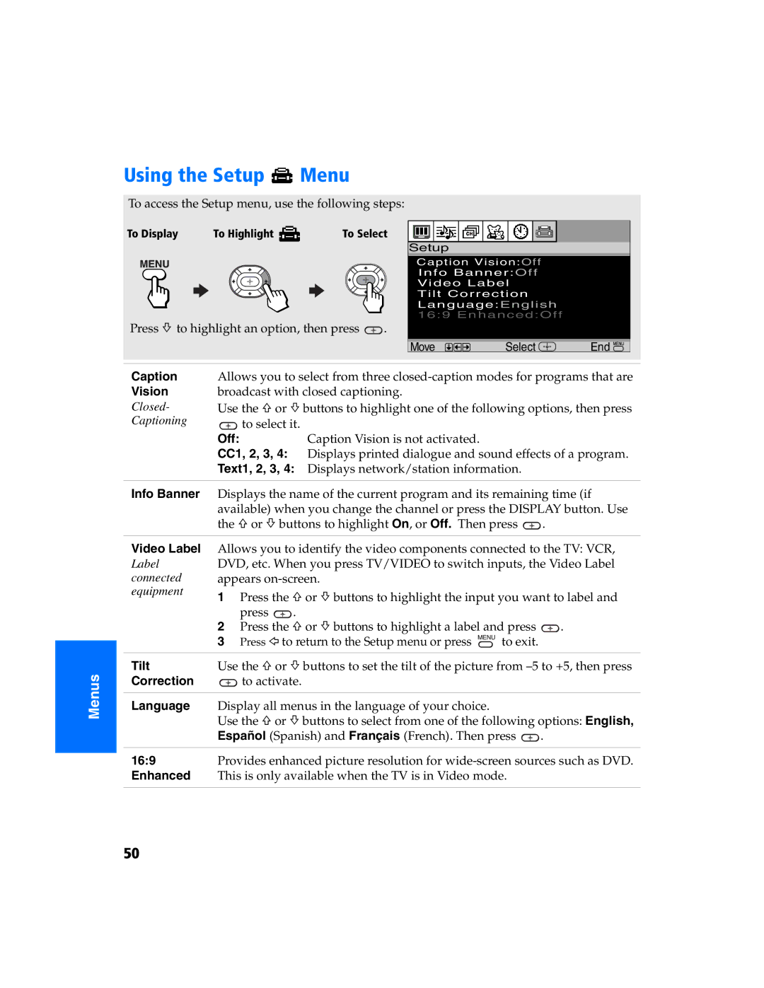 Sony KV 27FS320 manual Using the Setup Menu 