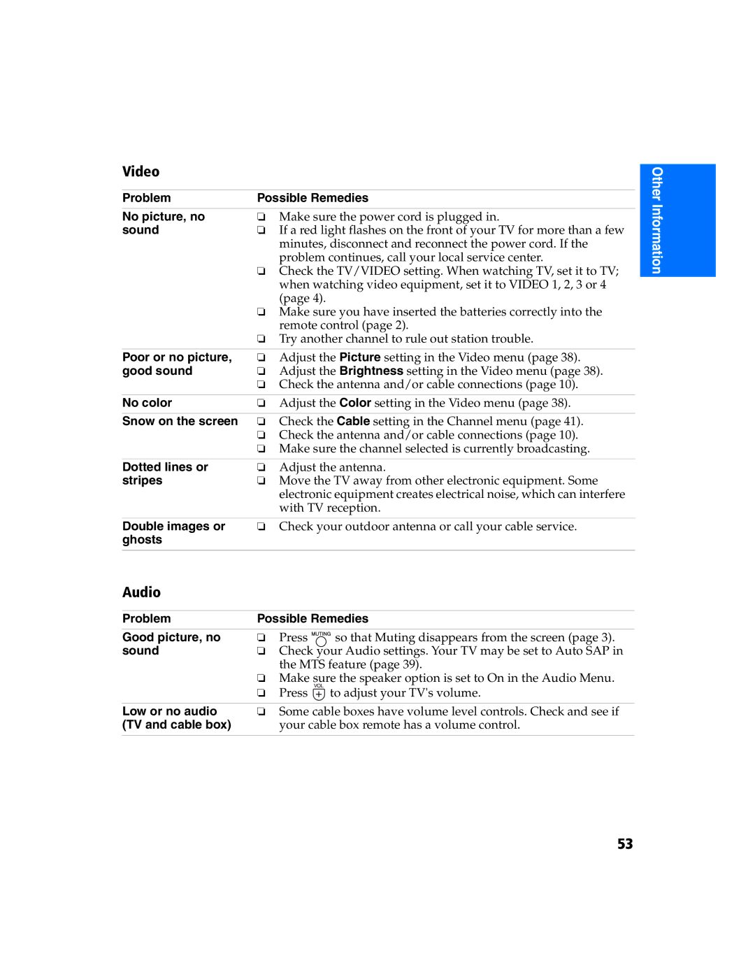 Sony KV 27FS320 manual Video, Audio 