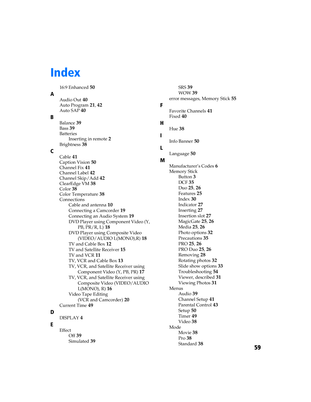 Sony KV 27FS320 manual Index, Display 