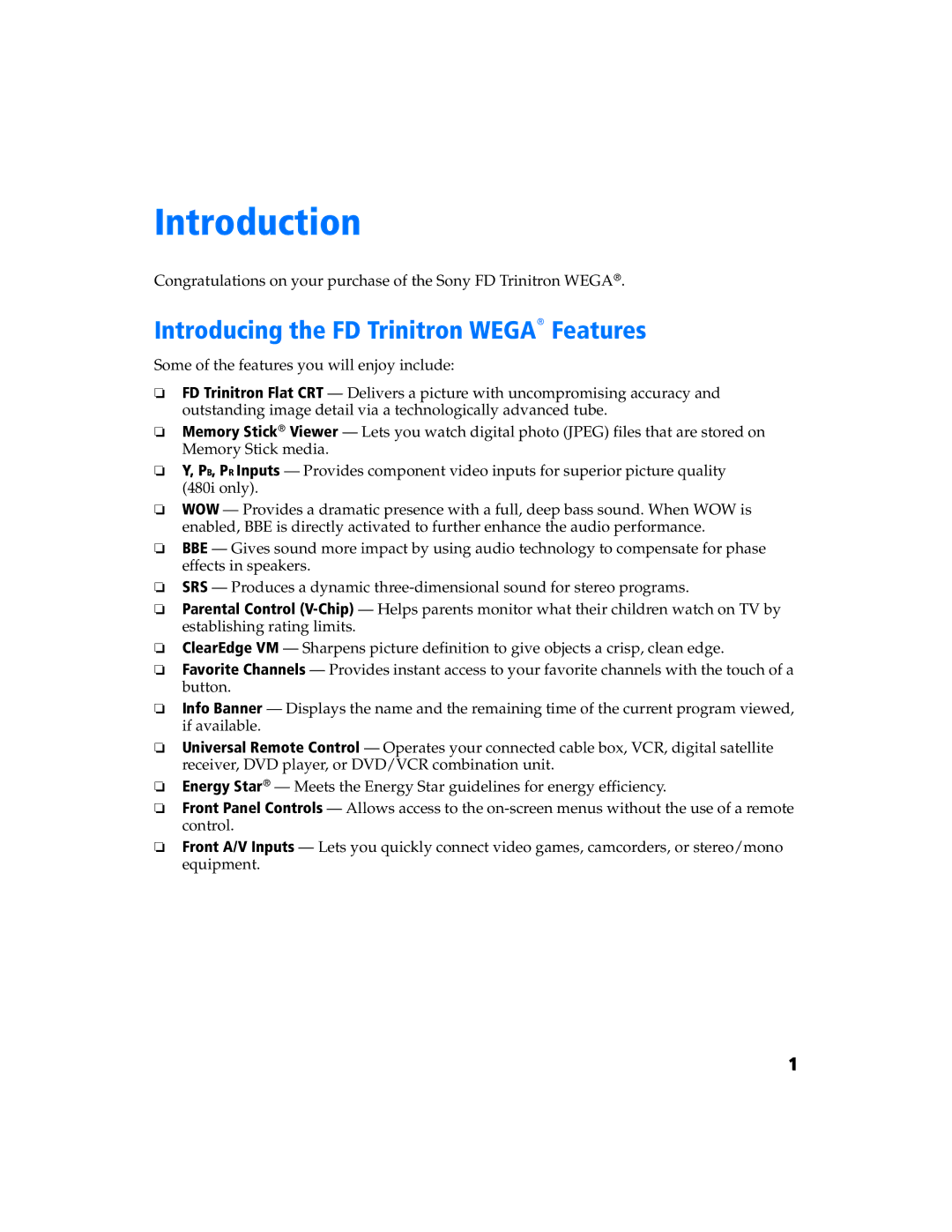 Sony KV 27FS320 manual Introduction, Introducing the FD Trinitron Wega Features 