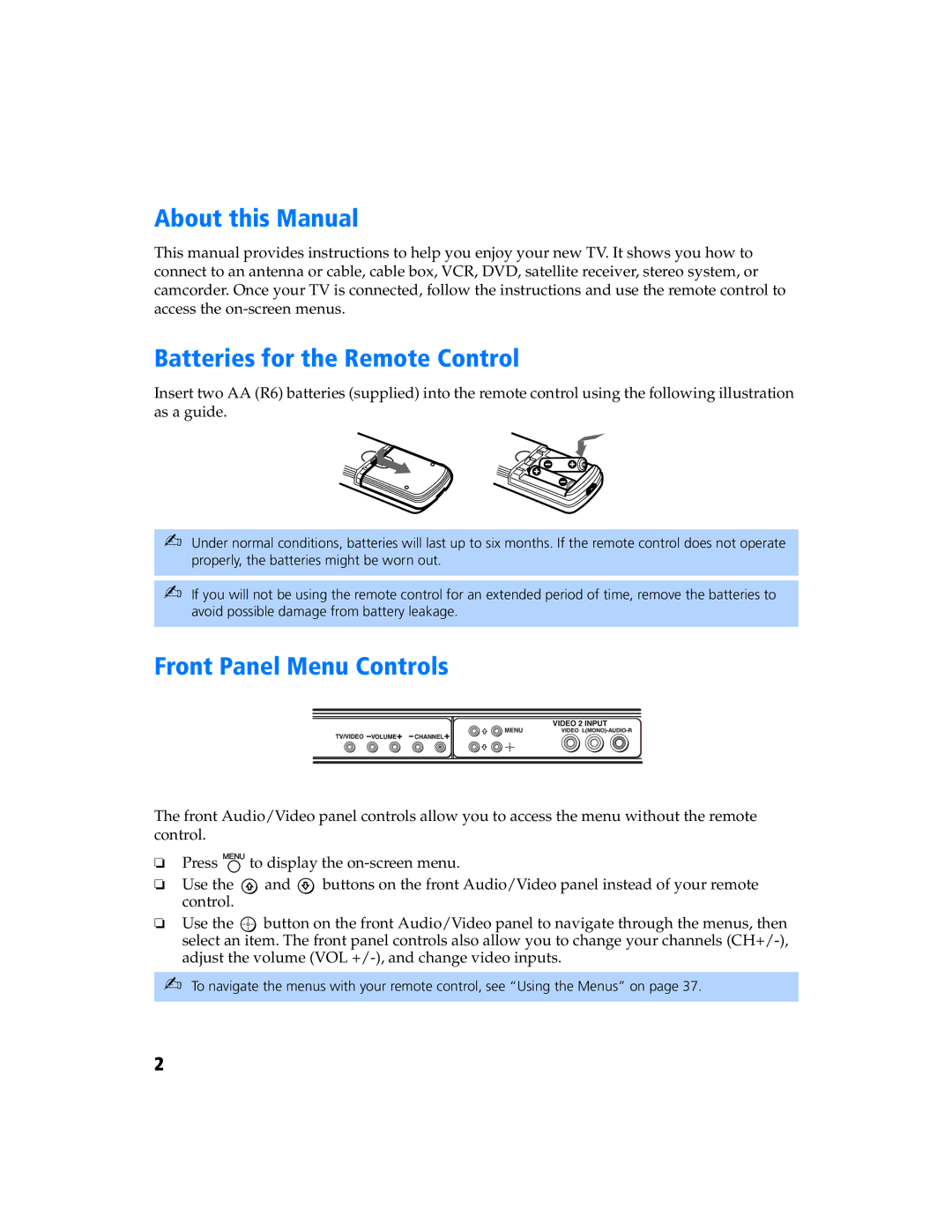 Sony KV 27FS320 manual About this Manual, Batteries for the Remote Control, Front Panel Menu Controls 