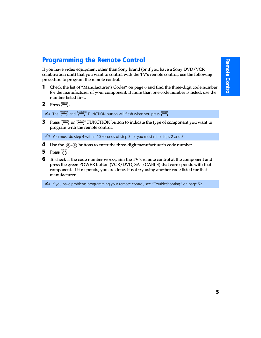 Sony KV 27FS320 manual Programming the Remote Control 