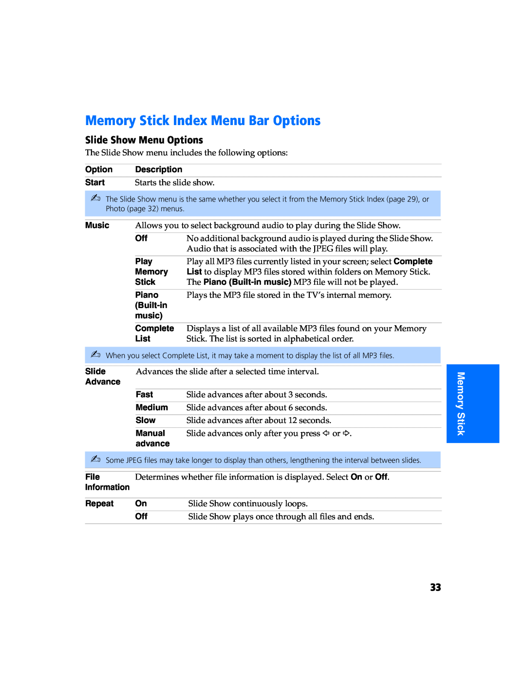 Sony KV 27FS320 manual Memory Stick Index Menu Bar Options, Slide Show Menu Options, Slide Show continuously loops 