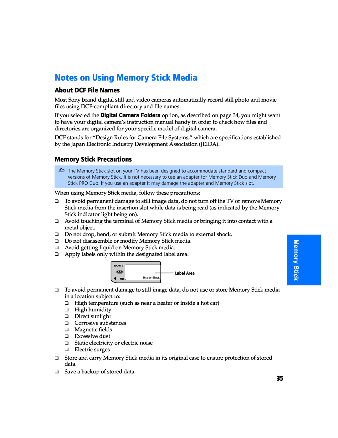 Sony KV 27FS320 manual Notes on Using Memory Stick Media, About DCF File Names, Memory Stick Precautions 