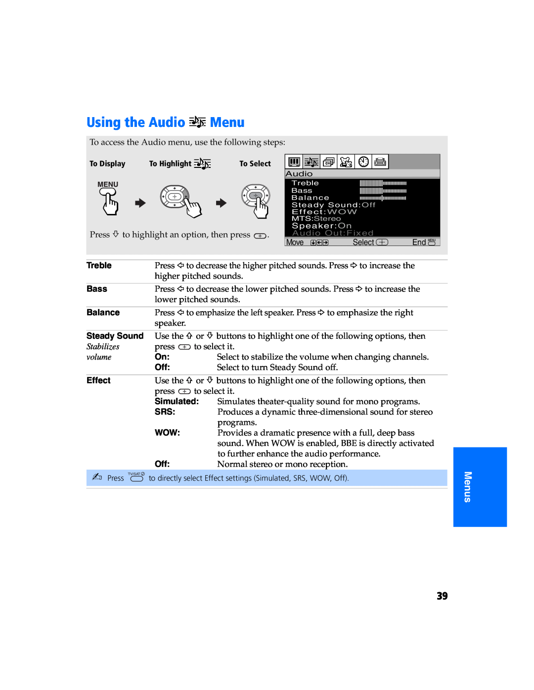 Sony KV 27FS320 manual Using the Audio Menu, Stabilizes, volume 