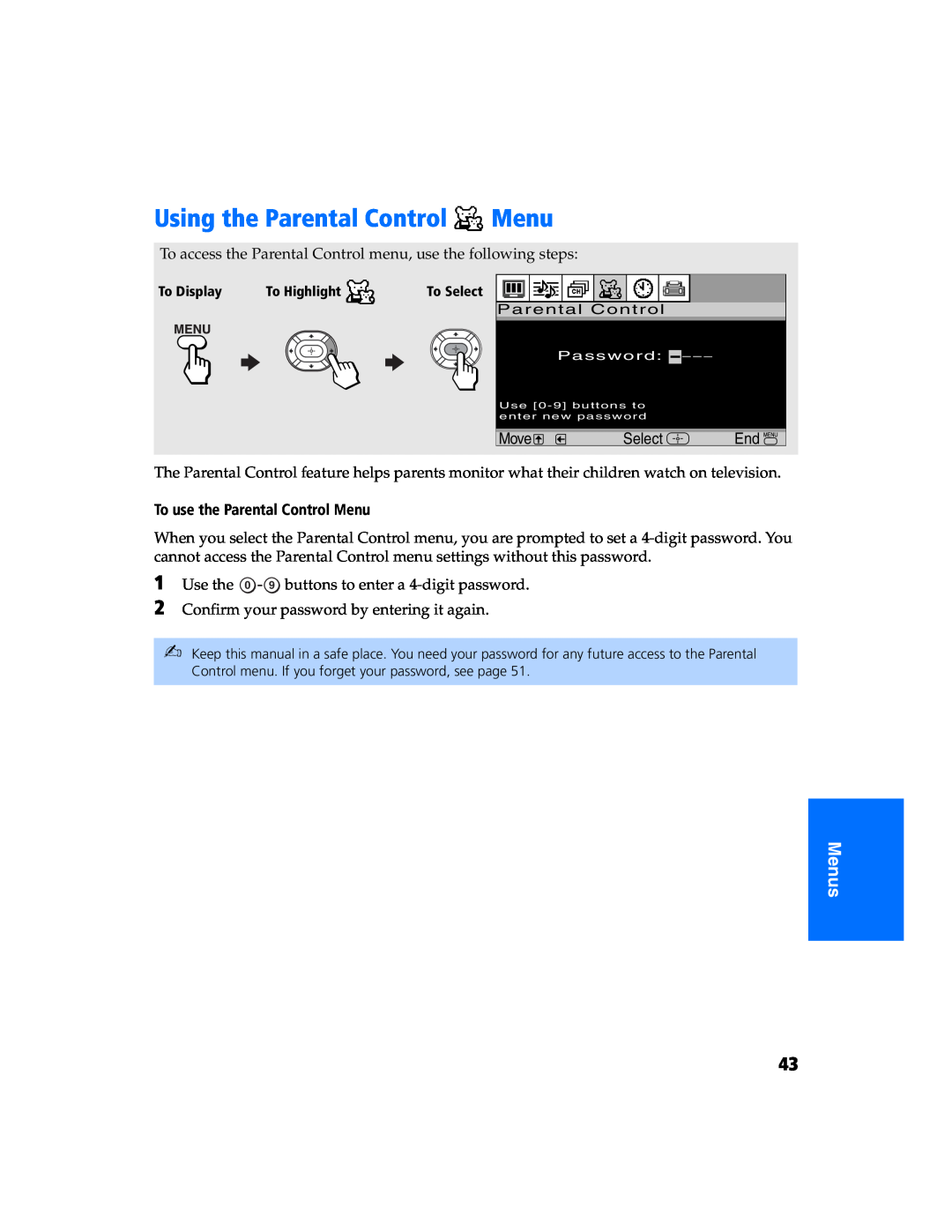 Sony KV 27FS320 Using the Parental Control, To access the Parental Control menu, use the following steps, Menus, Move 