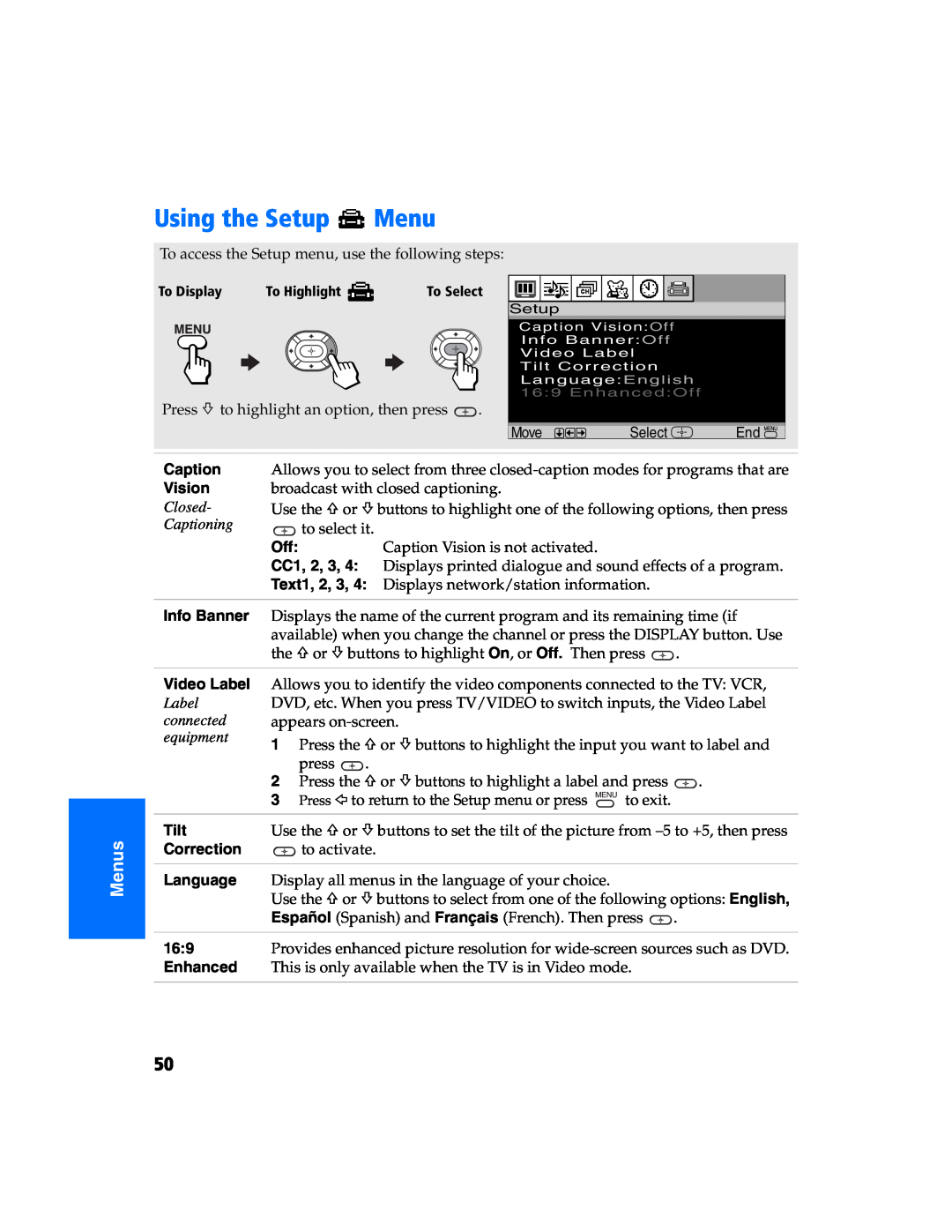 Sony KV 27FS320 manual Using the Setup Menu, Closed, Captioning, Label connected equipment, Menus 
