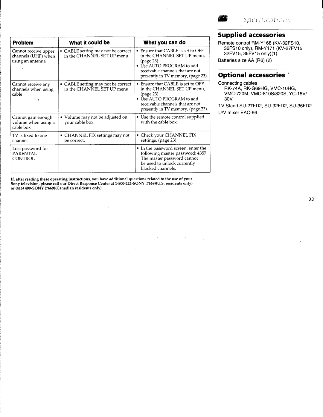 Sony KV-36FV15, KV-27FV15, KV-32FS10, KV-32FV15, KV-36FS10 manual 