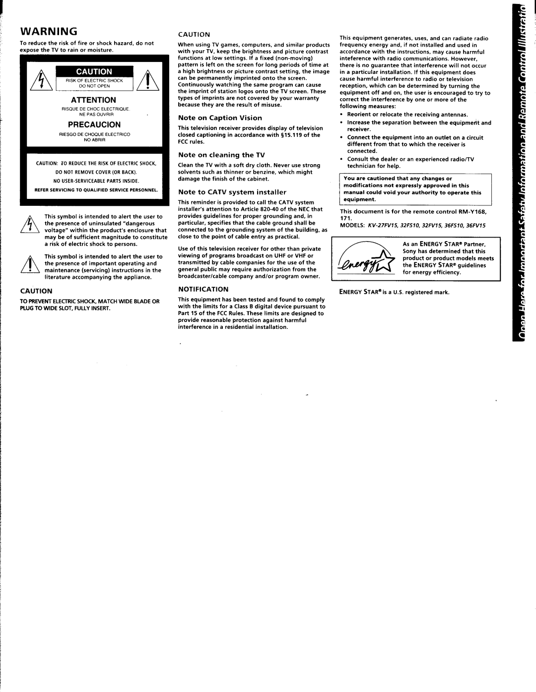 Sony KV-36FV15, KV-27FV15, KV-32FS10, KV-32FV15, KV-36FS10 manual 