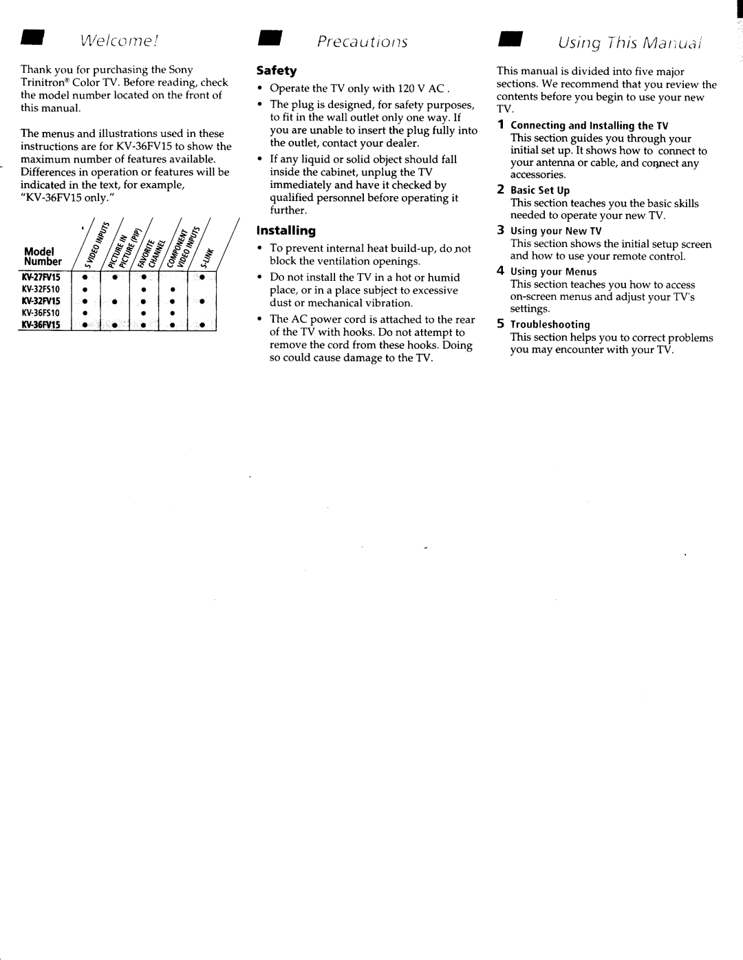 Sony KV-32FV15, KV-27FV15, KV-32FS10, KV-36FS10, KV-36FV15 manual 