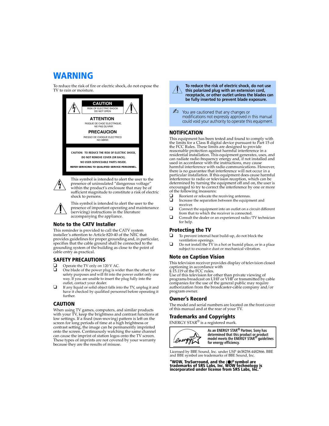 Sony KV 27FV300 manual Protecting the TV, Owner’s Record, Trademarks and Copyrights 