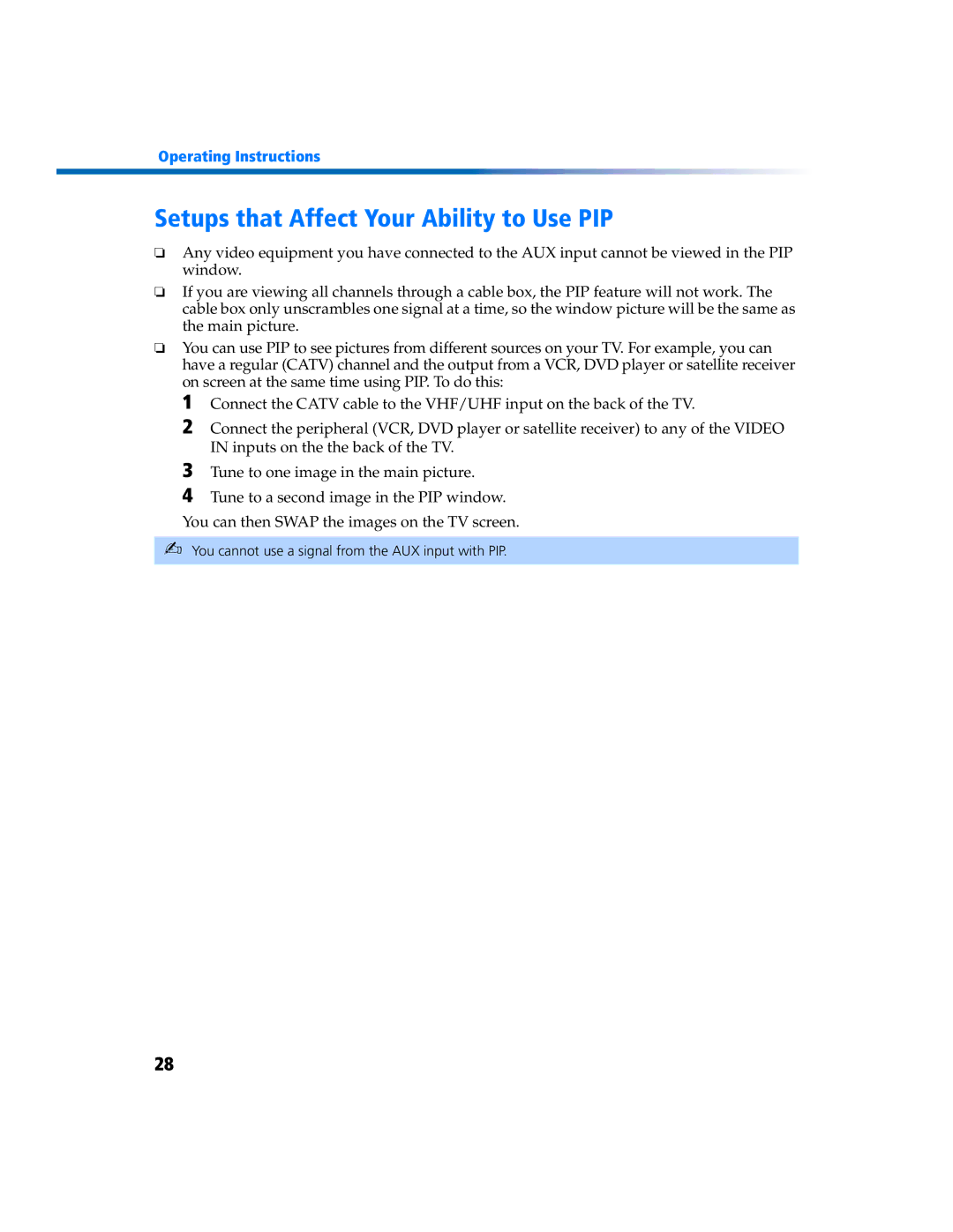 Sony KV 27FV300 manual Setups that Affect Your Ability to Use PIP 