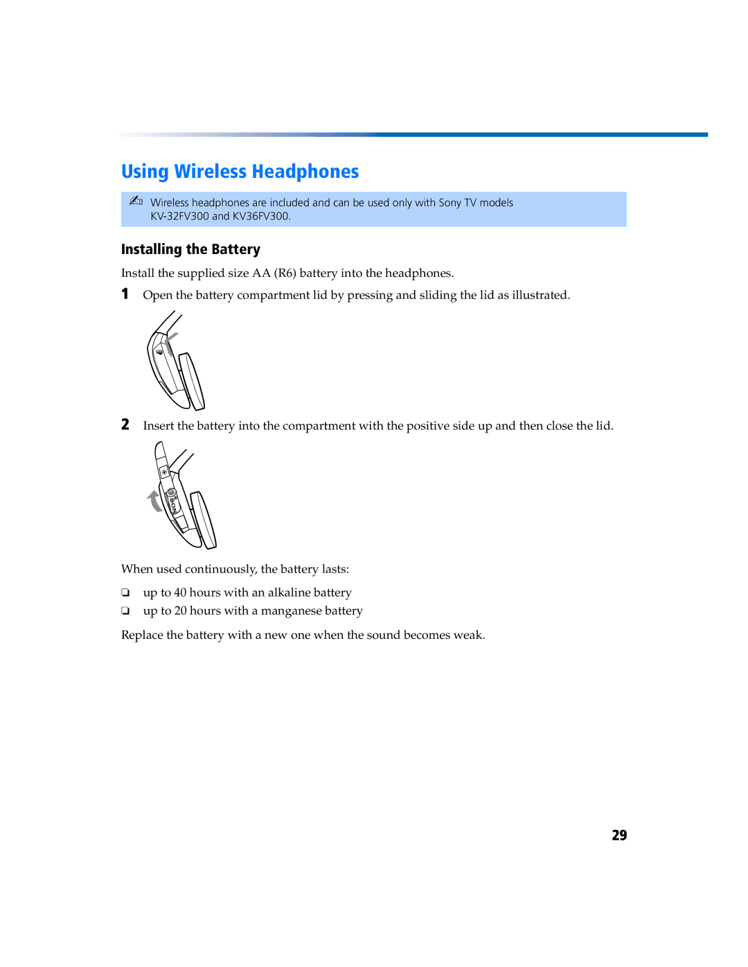 Sony KV 27FV300 manual Using Wireless Headphones, Installing the Battery 