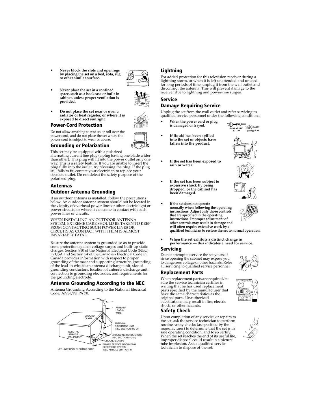 Sony KV 27FV300 manual Power-Cord Protection, Antennas Outdoor Antenna Grounding, Antenna Grounding According to the NEC 