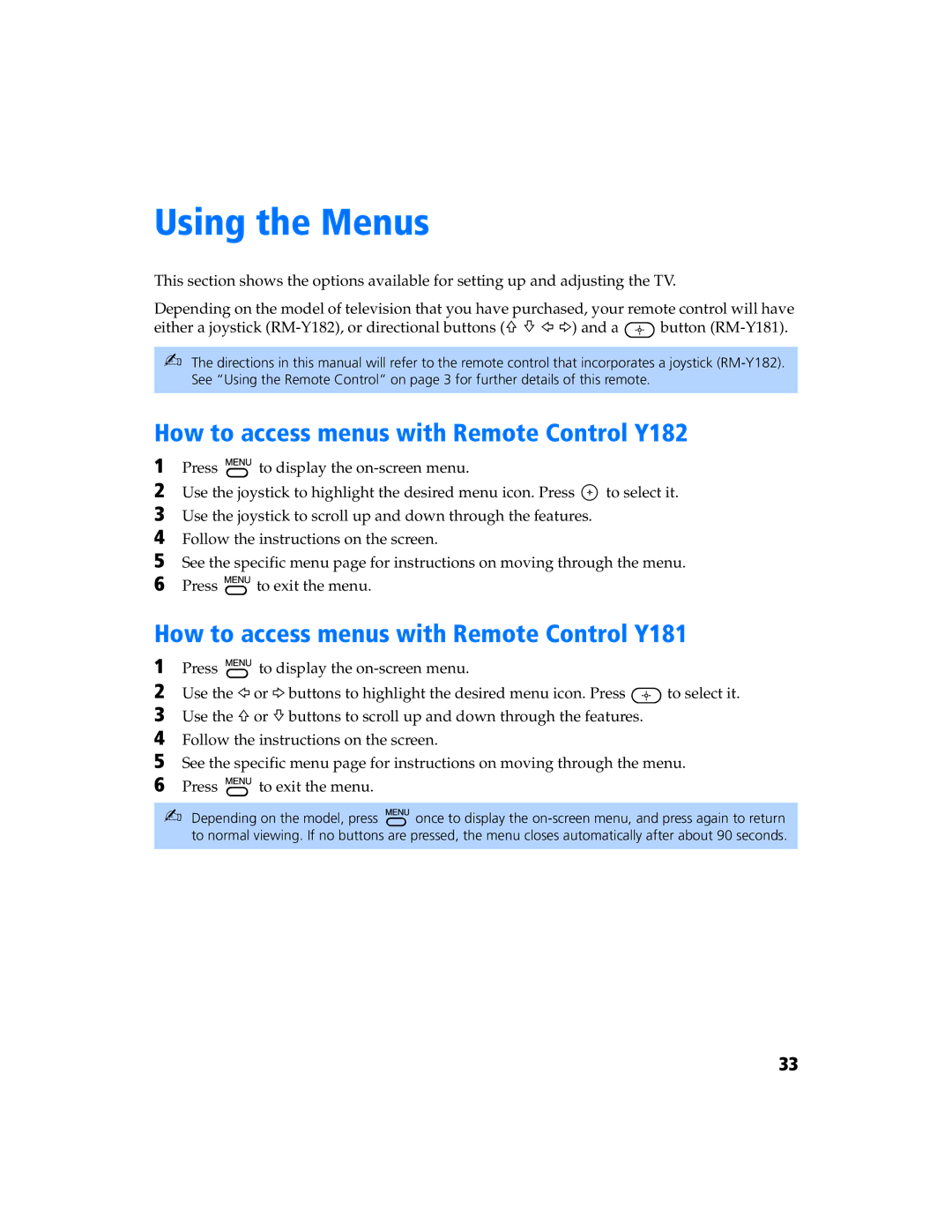 Sony KV 27FV300 manual How to access menus with Remote Control Y182, How to access menus with Remote Control Y181 