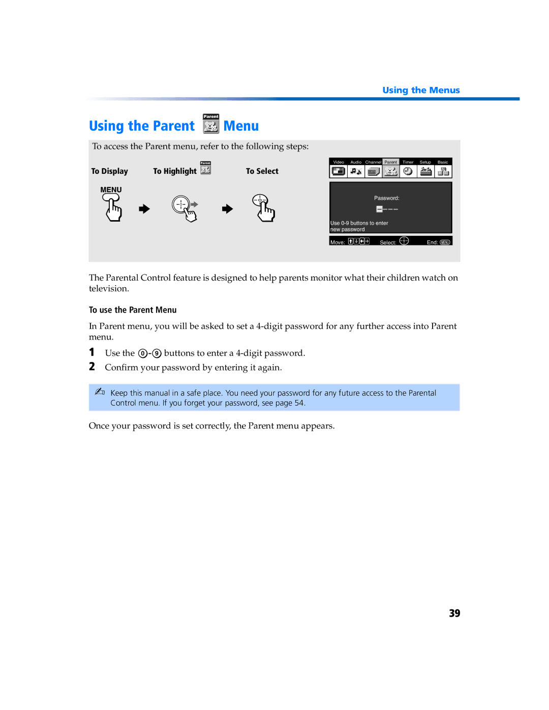 Sony KV 27FV300 manual Using the Parent Menu, To use the Parent Menu 