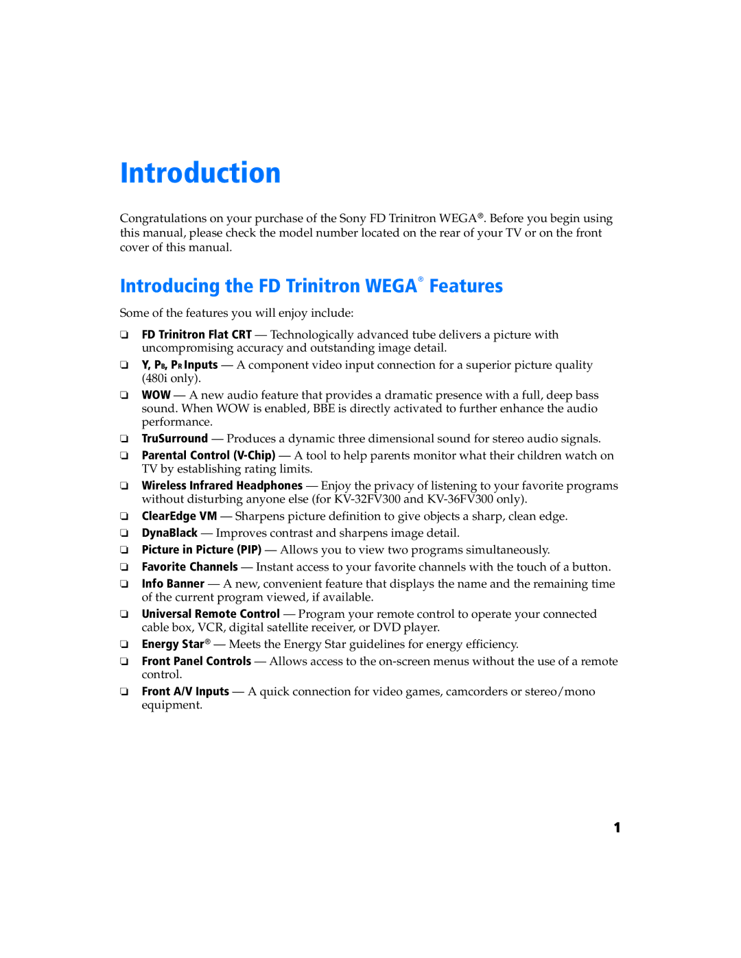 Sony KV 27FV300 manual Introduction, Introducing the FD Trinitron Wega Features 