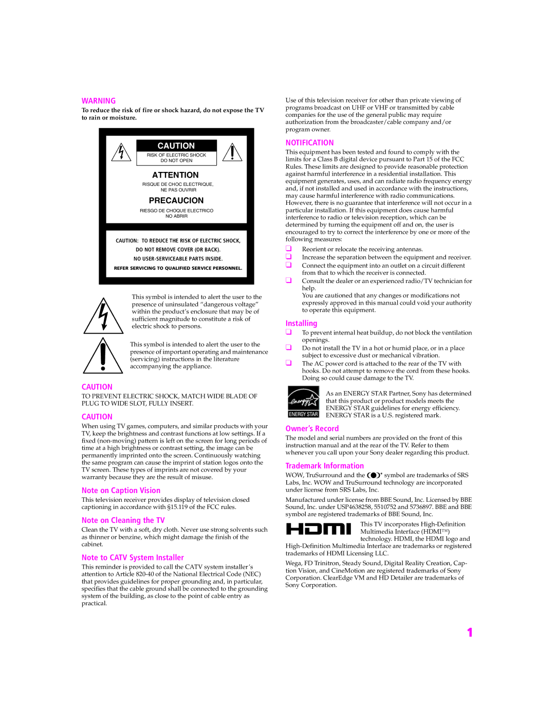 Sony KV-27HS420 manual Notification 