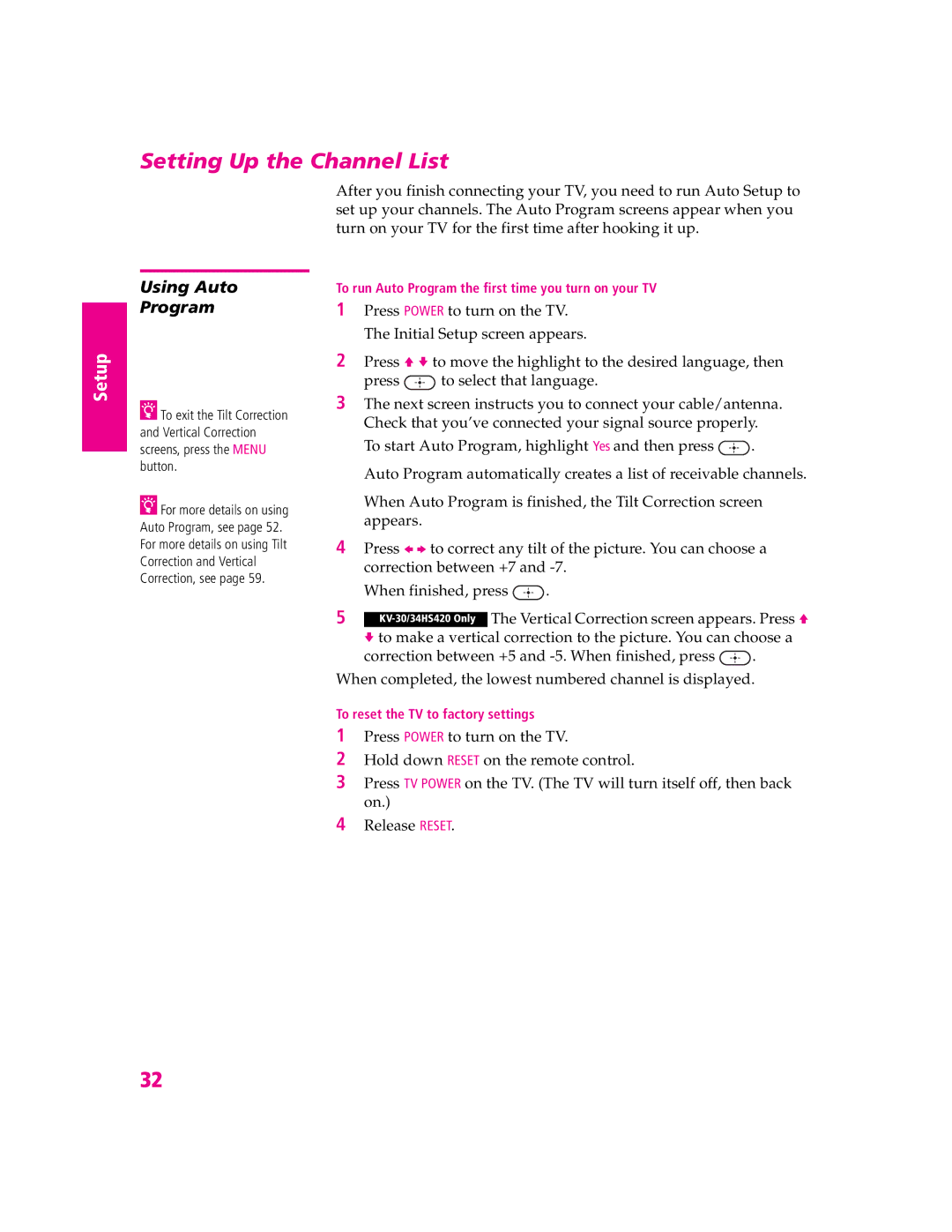 Sony KV-27HS420 manual Setting Up the Channel List, Using Auto Program 