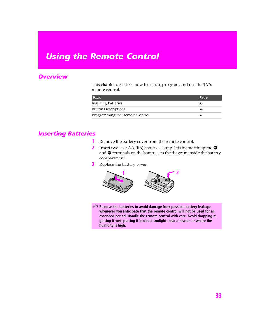 Sony KV-27HS420 manual Using the Remote Control, Inserting Batteries 