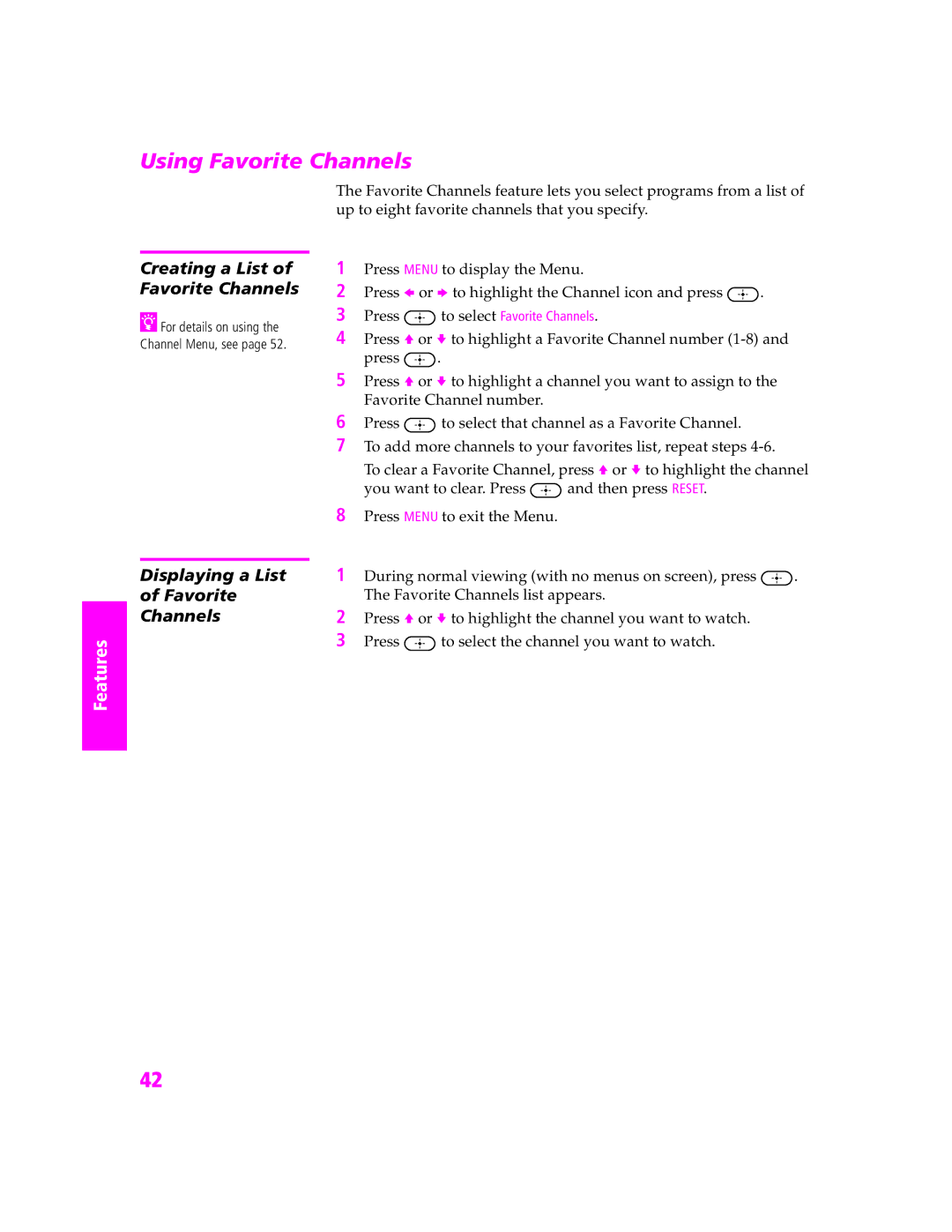 Sony KV-27HS420 manual Using Favorite Channels, Creating a List Favorite Channels, Displaying a List Favorite Channels 