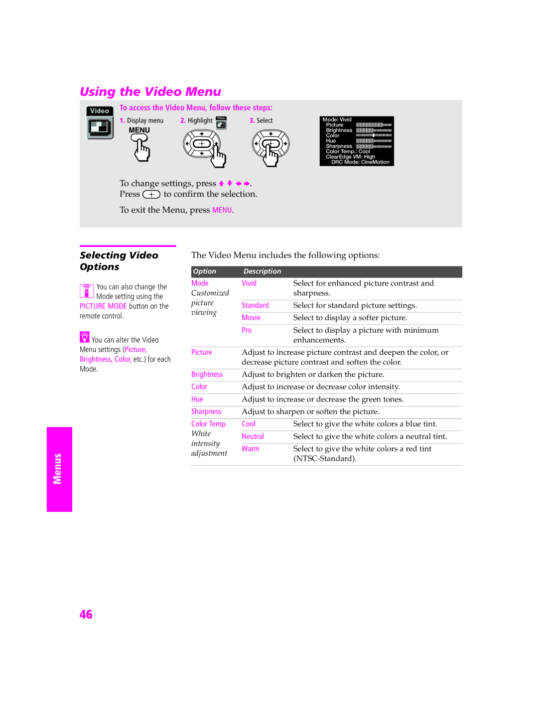 Sony KV-27HS420 manual Using the Video Menu, Selecting Video Options, Video Menu includes the following options 