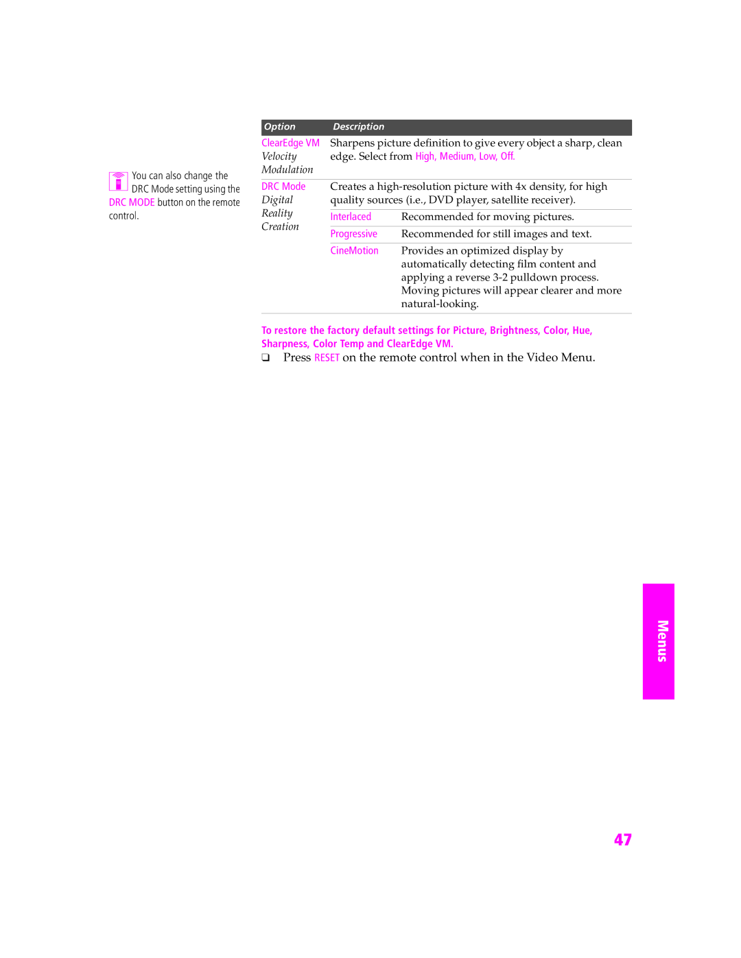 Sony KV-27HS420 manual Press Reset on the remote control when in the Video Menu, DRC Mode button on the remote control 