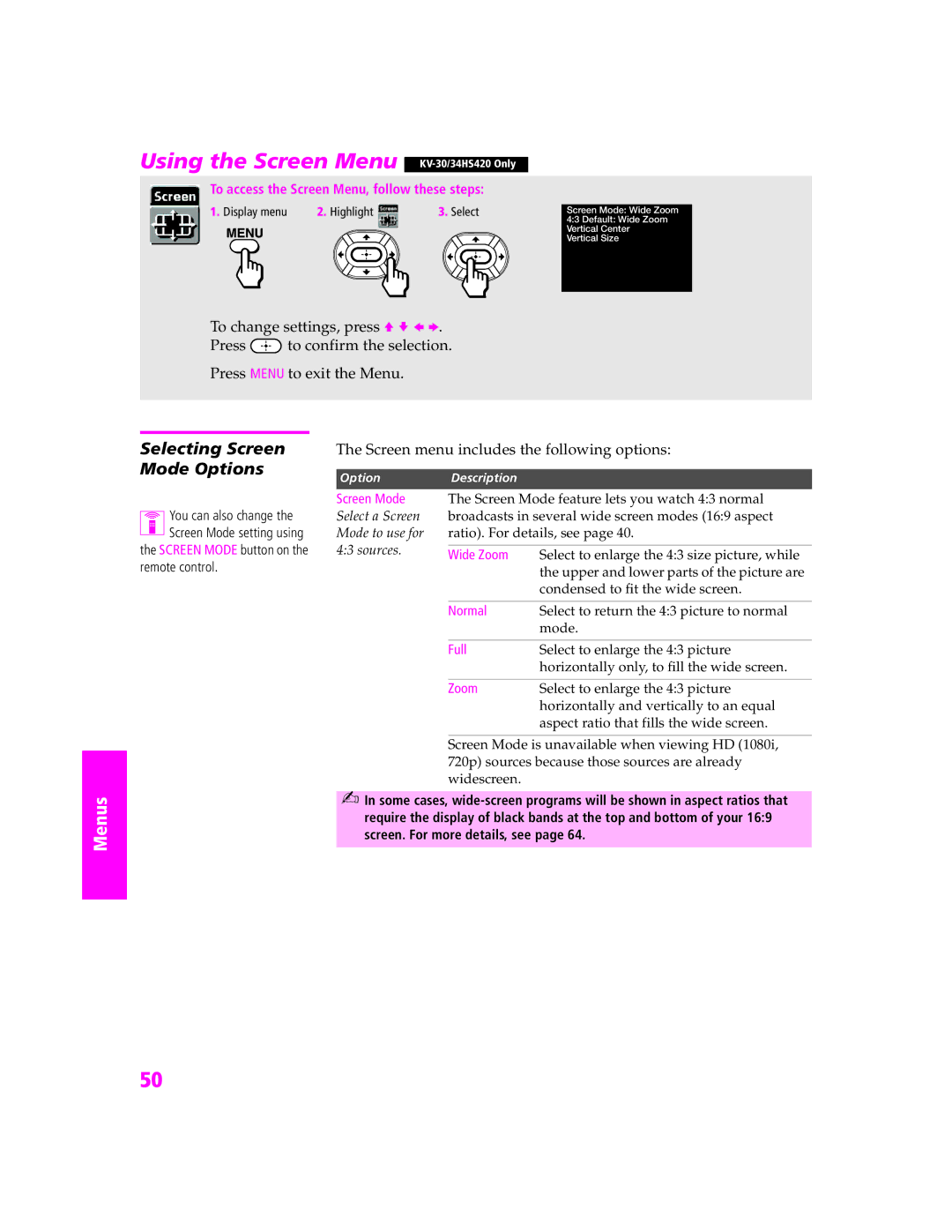 Sony KV-27HS420 manual Using the Screen Menu, Selecting Screen Mode Options, Screen menu includes the following options 