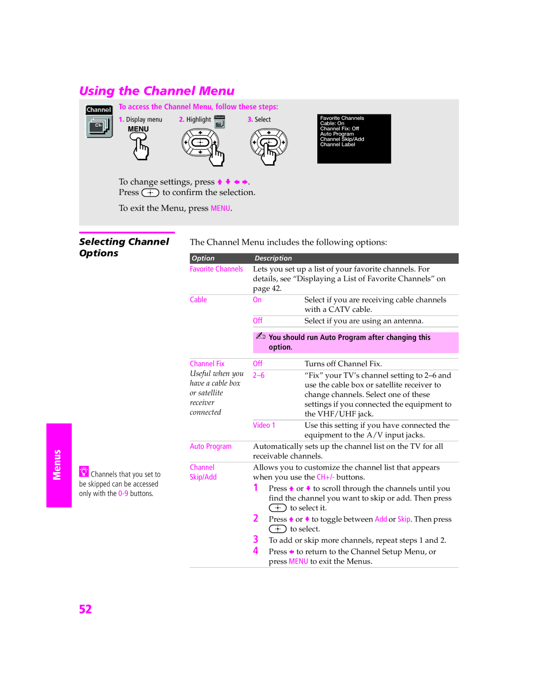 Sony KV-27HS420 manual Using the Channel Menu, Selecting Channel Options, Channel Menu includes the following options 