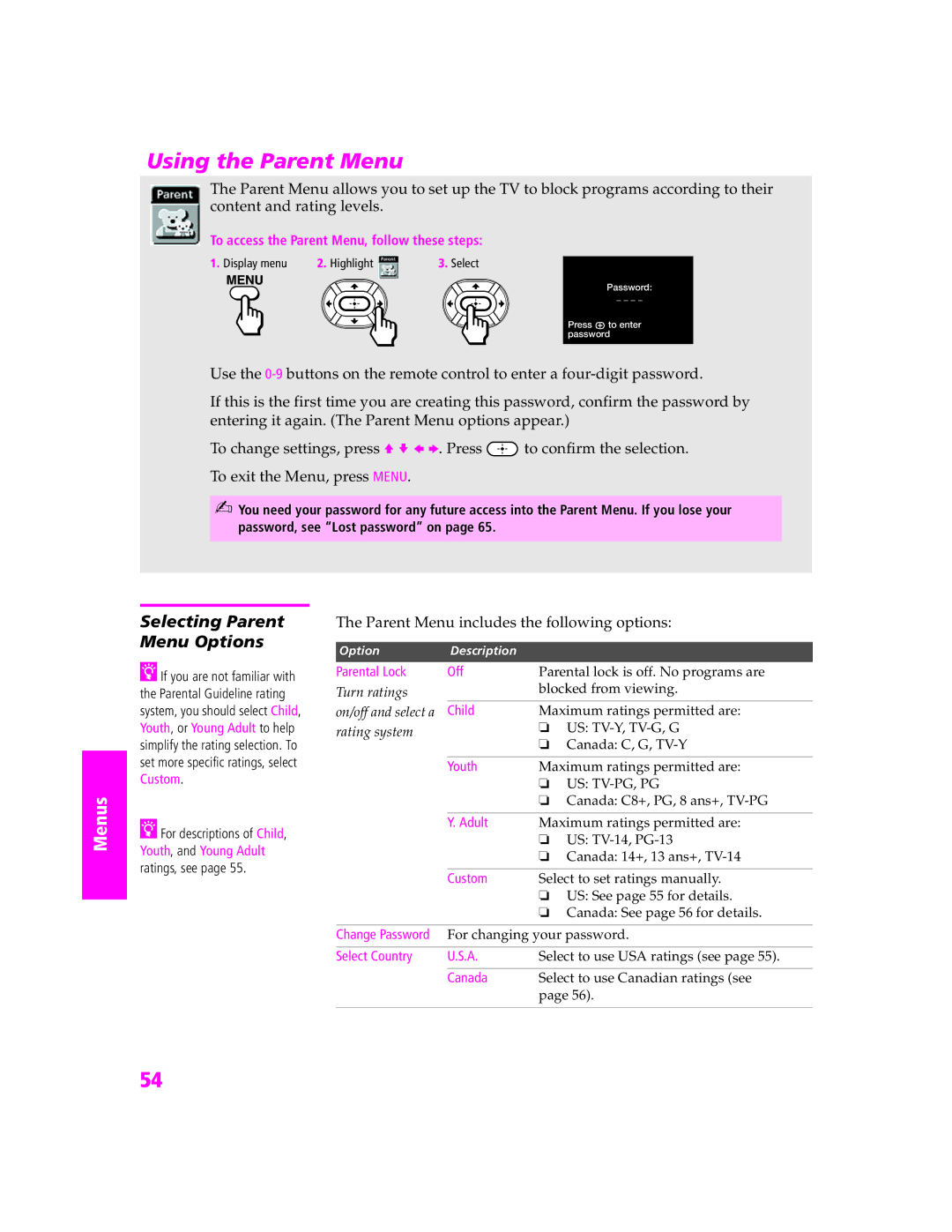 Sony KV-27HS420 manual Using the Parent Menu, Selecting Parent Menu Options, Parent Menu includes the following options 