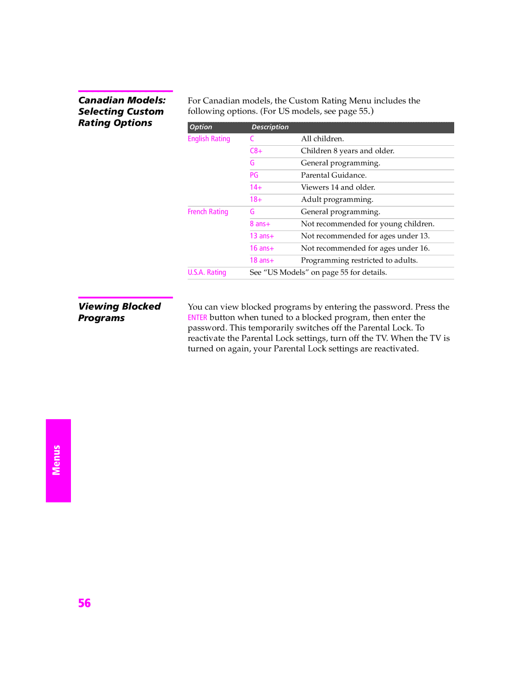 Sony KV-27HS420 manual English Rating, C8+, 14+, 18+, French Rating, Ans+, 13 ans+, 16 ans+, 18 ans+, A. Rating 