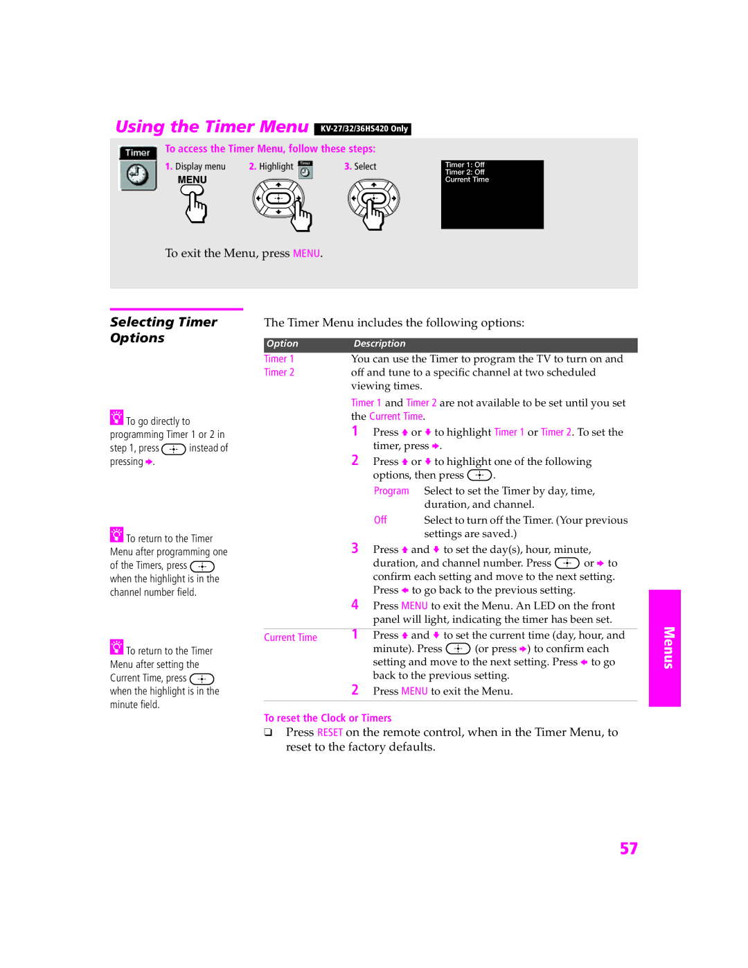 Sony KV-27HS420 manual Using the Timer Menu KV-27/32/36HS420 Only, Selecting Timer Options, Current Time 