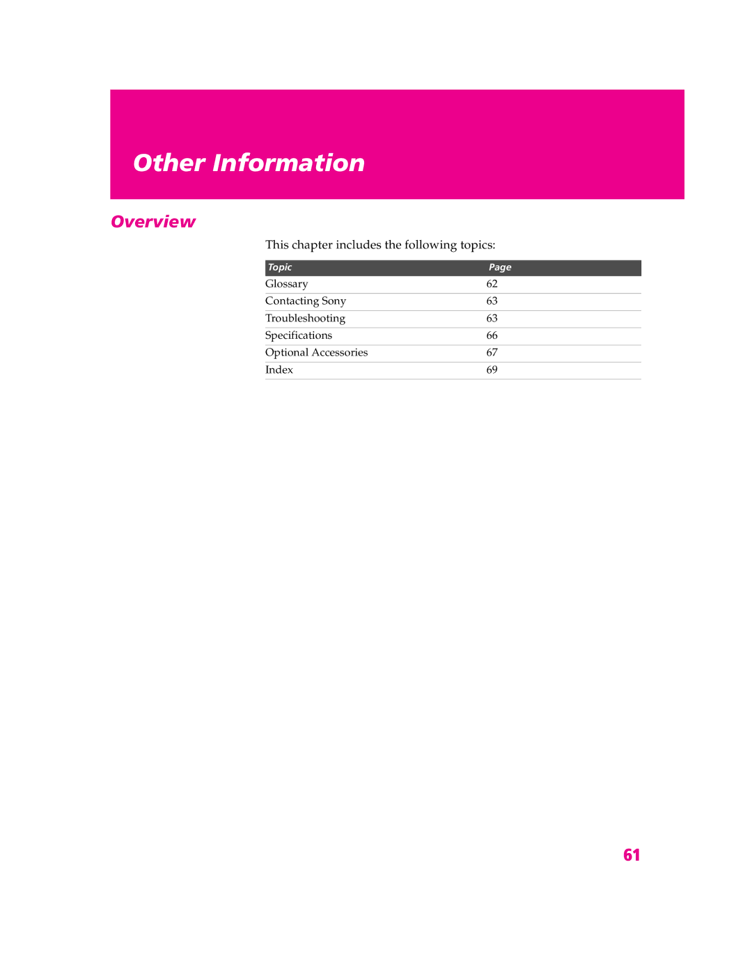 Sony KV-27HS420 manual Other Information, This chapter includes the following topics 