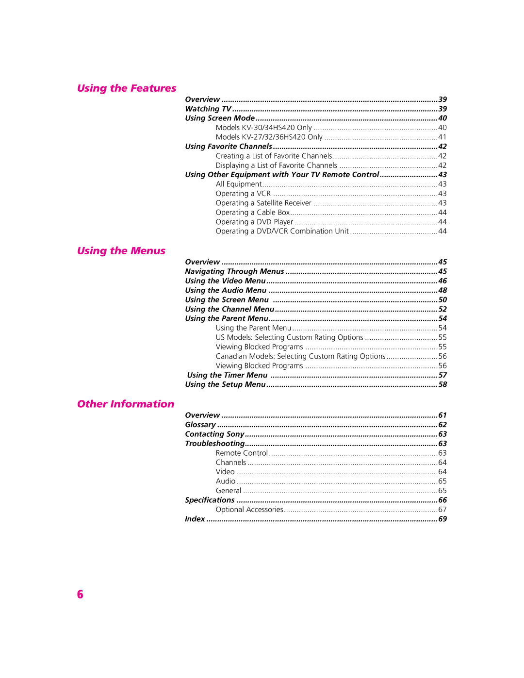 Sony KV-27HS420 manual Using the Features 