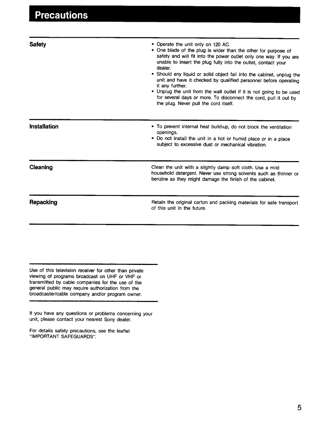 Sony KV-32HSR10, KV-27HSR10 manual Safety, Installation Cleaning Repacking 