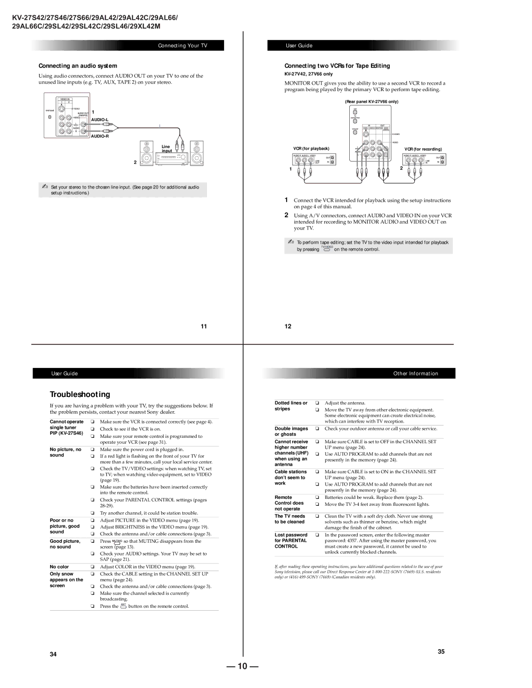 Sony KV-27S42 service manual Troubleshooting 