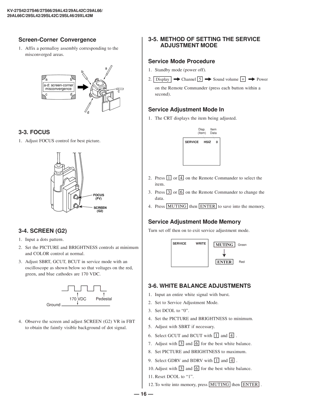 Sony KV-27S42 service manual Method of Setting the Service Adjustment Mode, White Balance Adjustments 