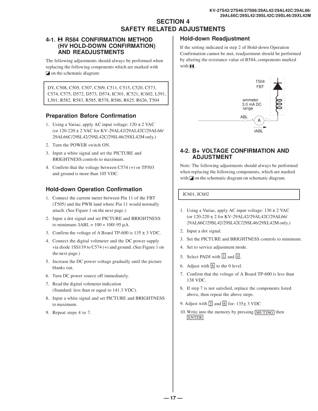 Sony KV-27S42 Section Safety Related Adjustments, Preparation Before Confirmation, Hold-down Operation Confirmation 