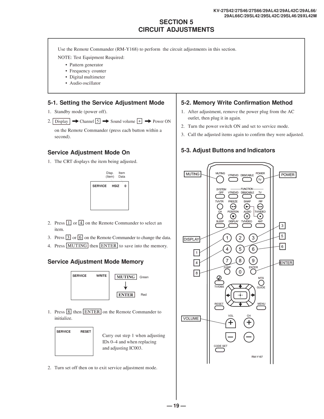 Sony KV-27S42 service manual Section Circuit Adjustments, Setting the Service Adjustment Mode, Service Adjustment Mode On 