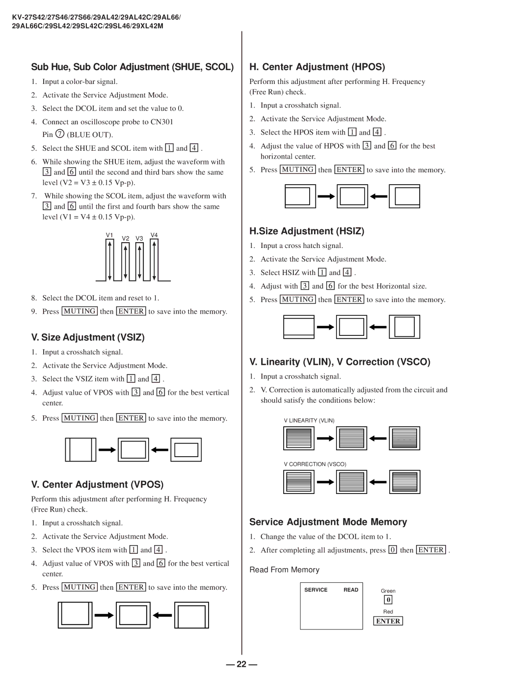 Sony KV-27S42 Sub Hue, Sub Color Adjustment SHUE, Scol, Size Adjustment Vsiz, Center Adjustment Vpos, Size Adjustment Hsiz 