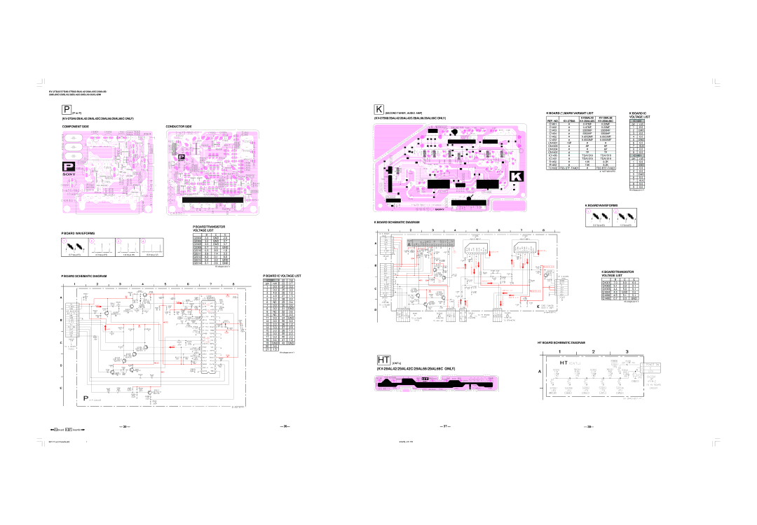 Sony KV-27S42 service manual Component Side Board Waveforms, Conductor Side Boardtransistor Voltage List, Boardwaveforms 