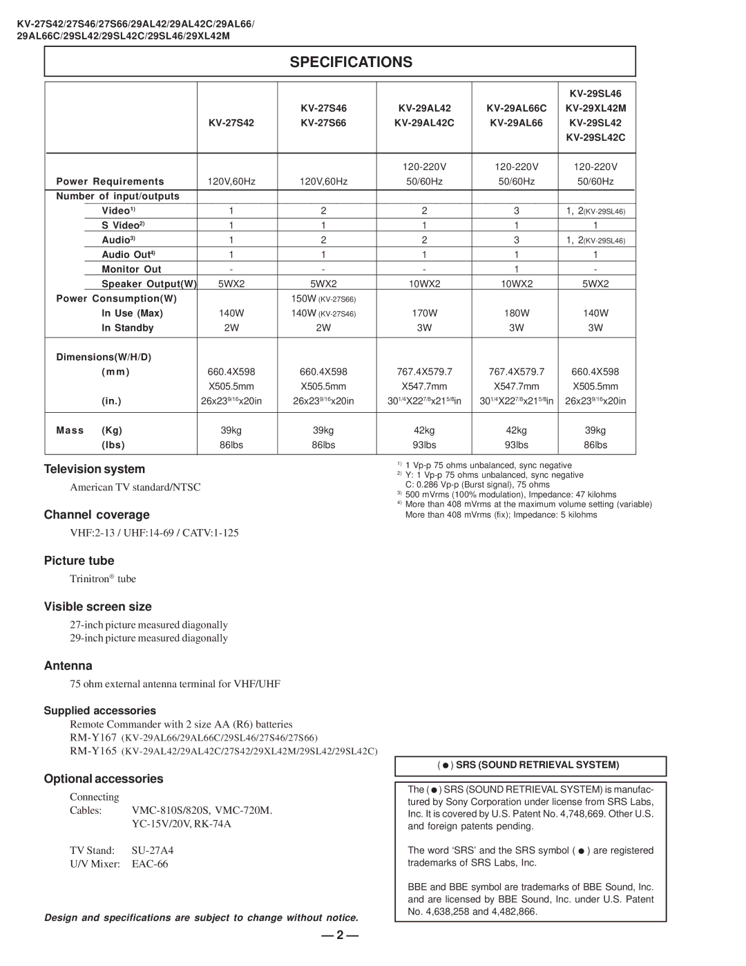 Sony KV-27S42 service manual Specifications, Standby DimensionsW/H/D 