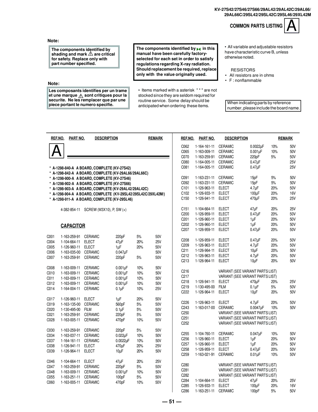 Sony KV-27S42 service manual Common Parts Listing a, Capacitor 