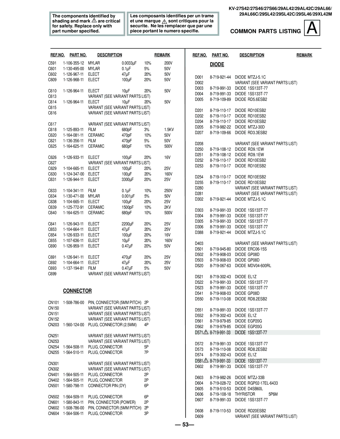 Sony KV-27S42 service manual Connector, Diode 