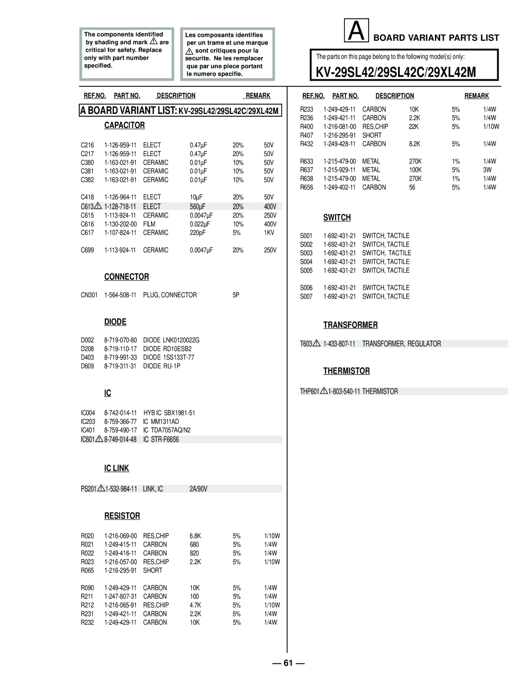 Sony KV-27S42 service manual Diode Transformer, 560µF, 400V 